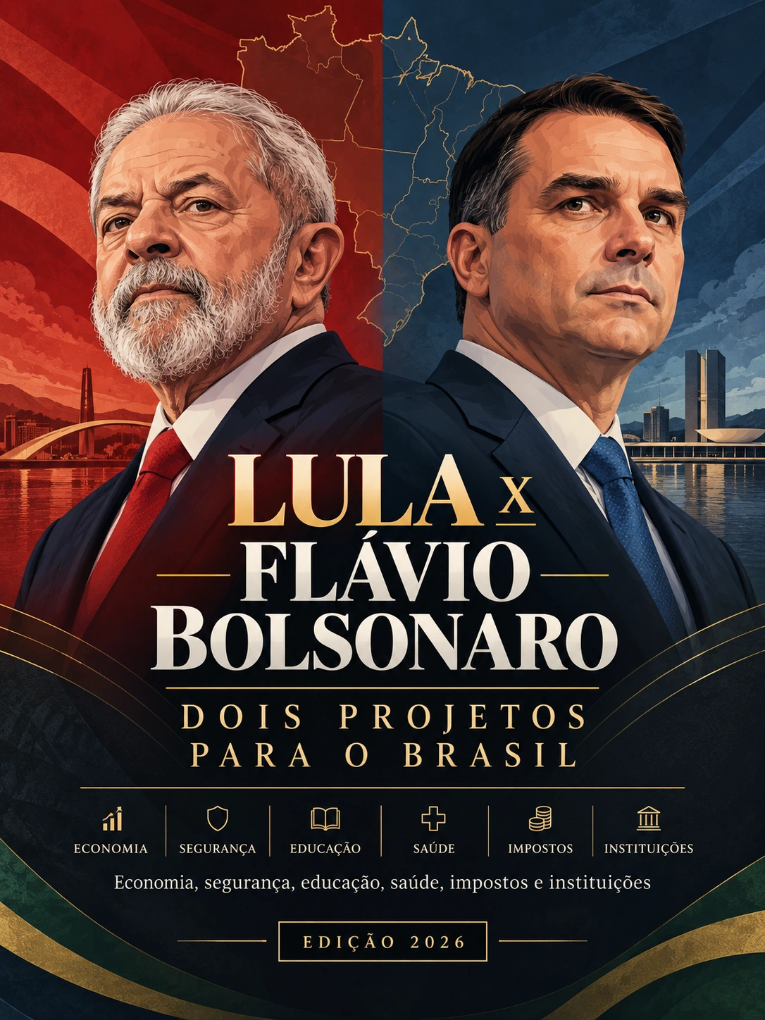 Capa de Lula x Flávio Bolsonaro: Dois Projetos para o Brasil, com retratos ilustrados dos dois políticos